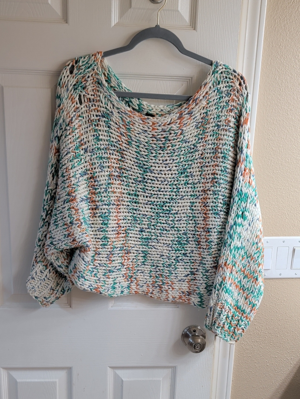Free People Hand Knit Cream Knit Sweater with Teal & Rust Speckles